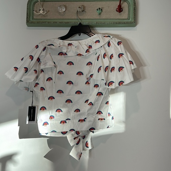 Saint Geraldine rainbow eye print ruffle bow front crop button down new medium - Picture 8 of 9